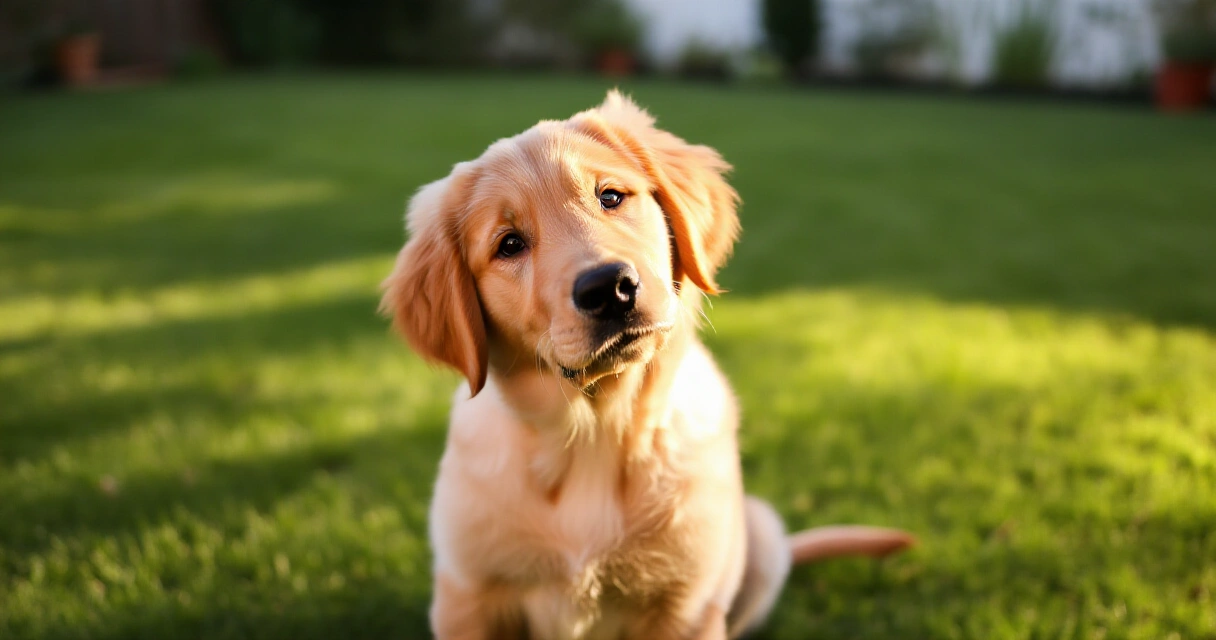 Golden retriever puppy sitting on a green lawn, a popular choice among best dog breeds for first-time owners
