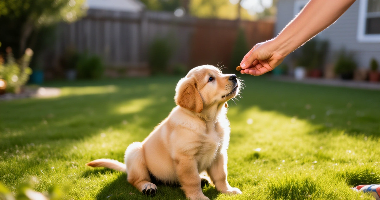 Puppy receiving a treat outdoors during house training session