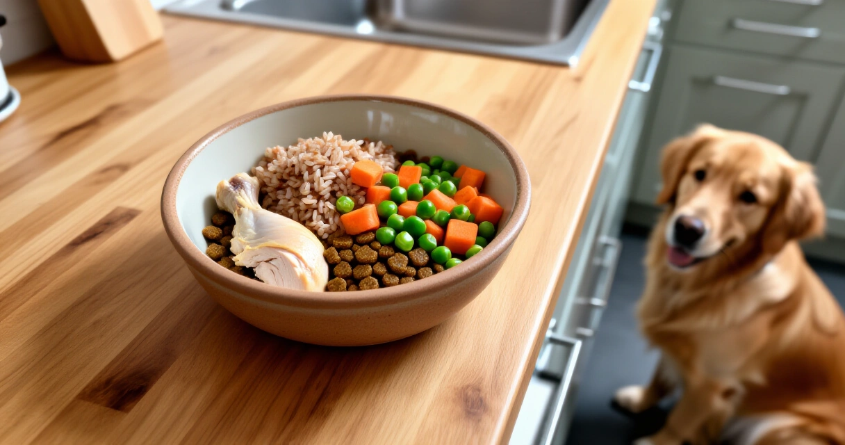 Bowl of freshly prepared homemade dog food with chicken, rice, and vegetables beside a golden retriever